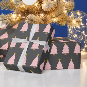 Pink Christmas Tree Line & Golden Star, Dark Grey Wrapping Paper