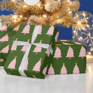 Pink Christmas Tree Line Golden Star Forest Green Wrapping Paper