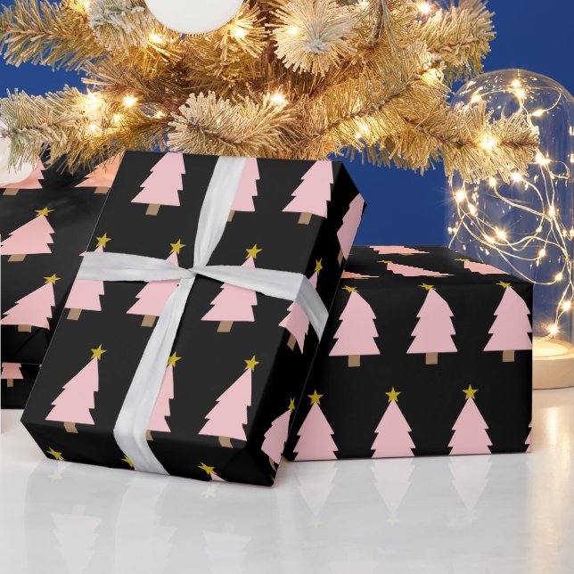 Pink Christmas Tree Line & Golden Star on Black Wrapping Paper (Holidays)