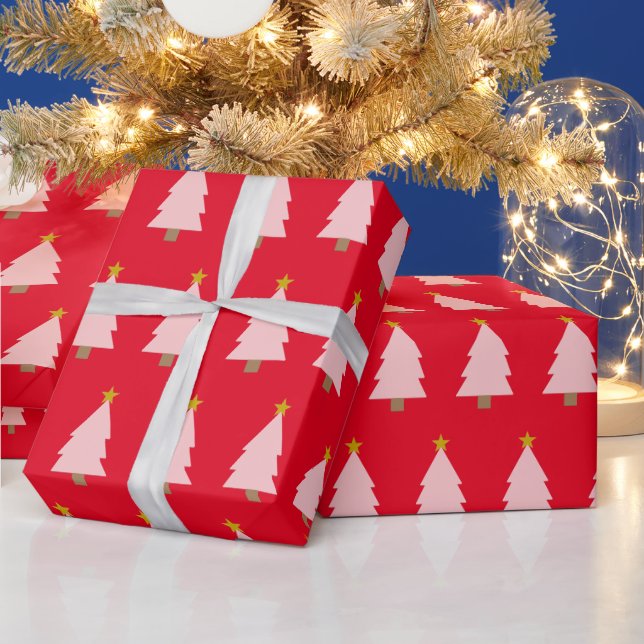 Pink Christmas Tree Line & Golden Star on Red Wrapping Paper (Holidays)