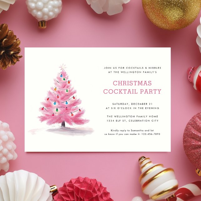 Pink Christmas Tree Modern Holiday Cocktail Party Invitation (Creator Uploaded)