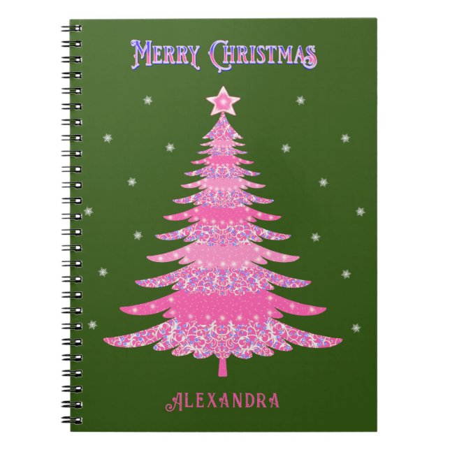 Pink Christmas Tree Name Custom Green Notebook (Front)