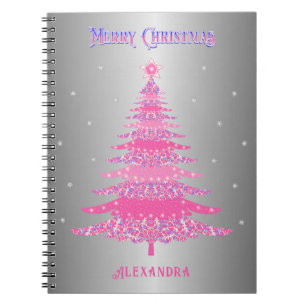 Pink Christmas Tree Name Custom Silver Foil Notebook