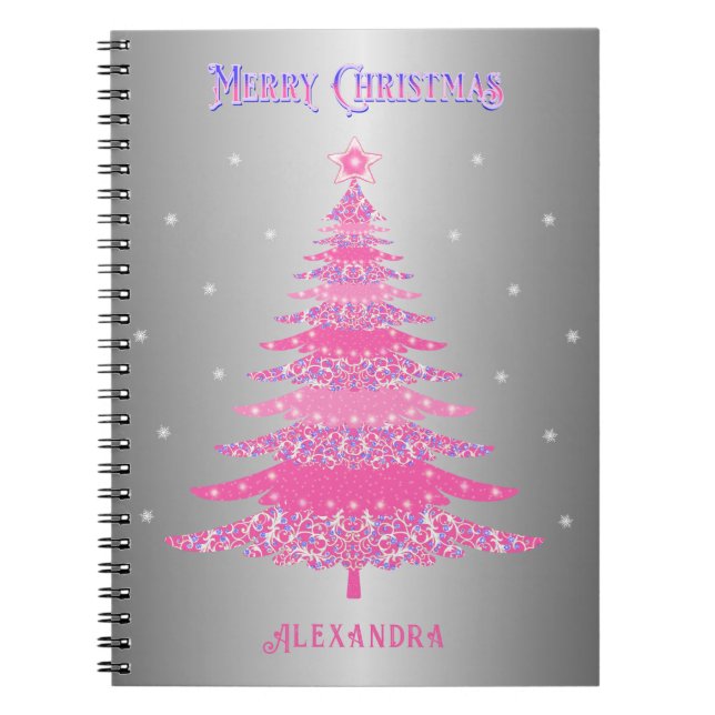 Pink Christmas Tree Name Custom Silver Foil Notebook (Front)