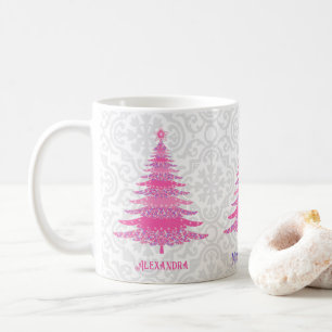 Pink Christmas Tree Name Custom Sparkle Coffee Mug