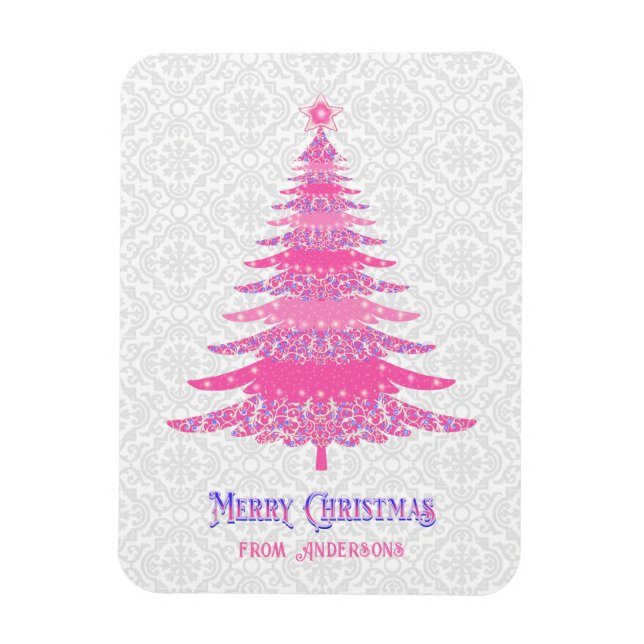 Pink Christmas Tree Name Custom Sparkle Magnet (Vertical)