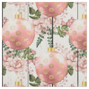 Pink Christmas Tree Ornaments and Flowers on Wood Fabric