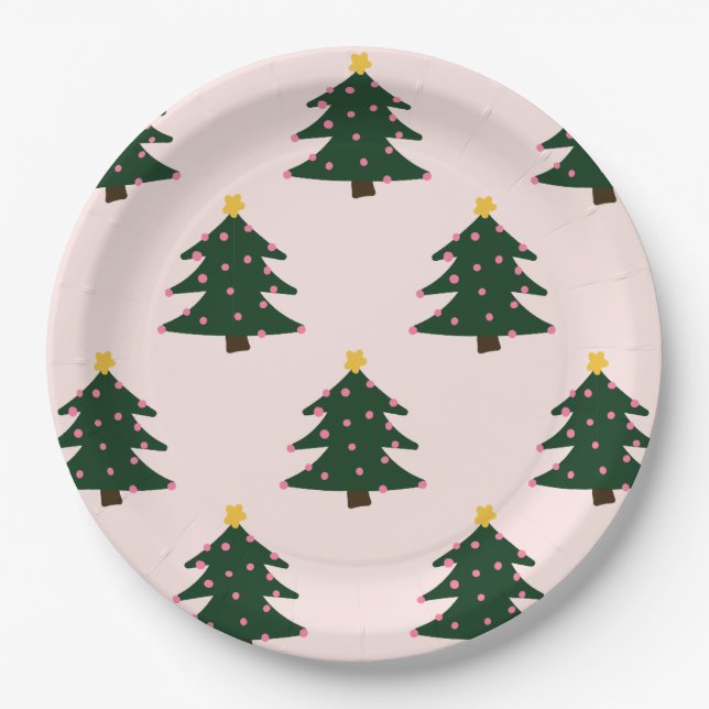 Pink Christmas Tree Paper Plate (Front)
