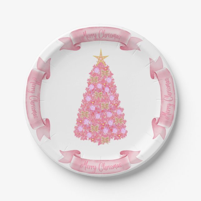 Pink Christmas Tree Paper Plate (Front)