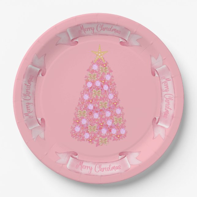 Pink Christmas Tree Paper Plate (Front)