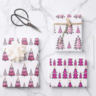 Pink Christmas Tree Pattern Glitter & Leopard Fun  Wrapping Paper Sheet