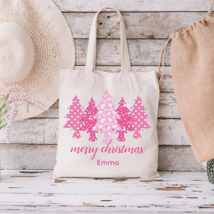 Pink Christmas Tree Pattern with Elegant Name  Tote Bag