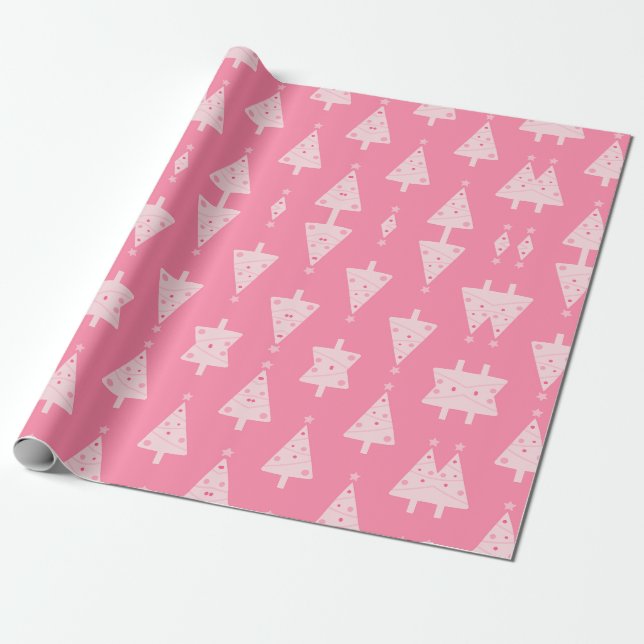 Pink Christmas Tree Pattern Wrapping Paper (Unrolled)