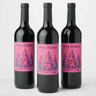 Pink Christmas Tree Personalised Family Wine Label