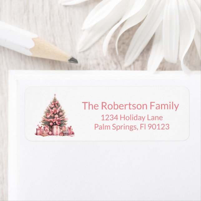 Pink Christmas Tree Return Address Label (Insitu)