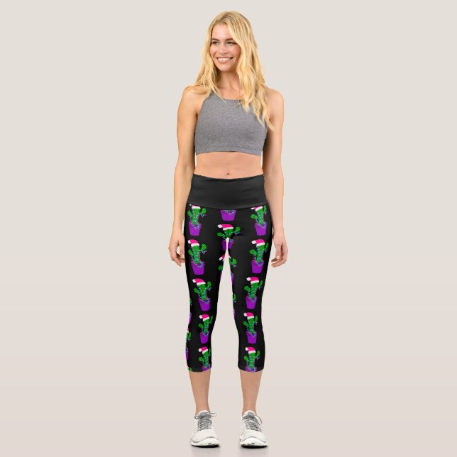 pink christmas tree santa cactus capri leggings (Front)