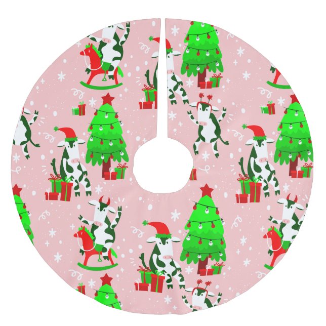pink christmas tree santa cow brushed polyester tree skirt (Front)