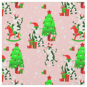 pink christmas tree santa cow fabric