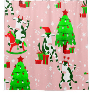 pink christmas tree santa cow shower curtain
