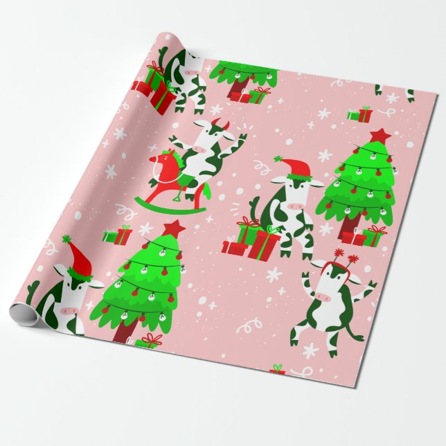 pink christmas tree santa cow wrapping paper (Unrolled)