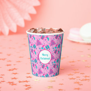 Pink Christmas tree stocking candy cane presents Paper Cups