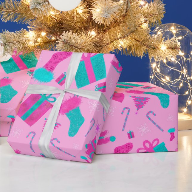 Pink Christmas tree stocking candy cane presents Wrapping Paper (Holidays)