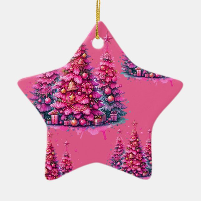 Pink Christmas Tree Trendy Preppy Aesthetic Ceramic Ornament (Front)
