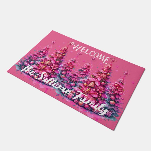 Pink Christmas Tree Trendy Preppy Aesthetic Doormat (Angled)