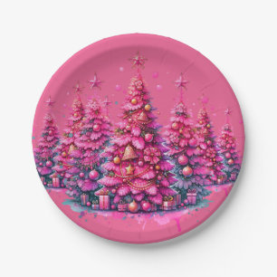 Pink Christmas Tree Trendy Preppy Aesthetic Paper Plate