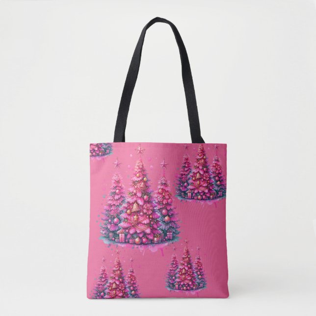Pink Christmas Tree Trendy Preppy Aesthetic Tote Bag (Front)