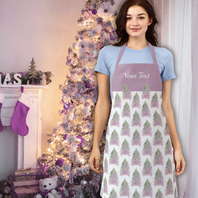 Pink Christmas Tree Watercolor Pattern Holiday  Apron (Creator Uploaded)