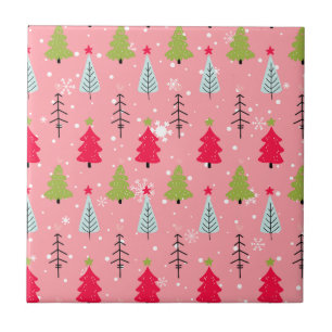 Pink Christmas Tree Whimsical Holiday Pattern Ceramic Tile