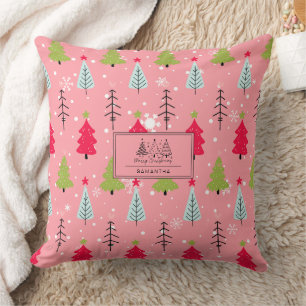 Pink Christmas Tree Whimsical Holiday Pattern Cushion
