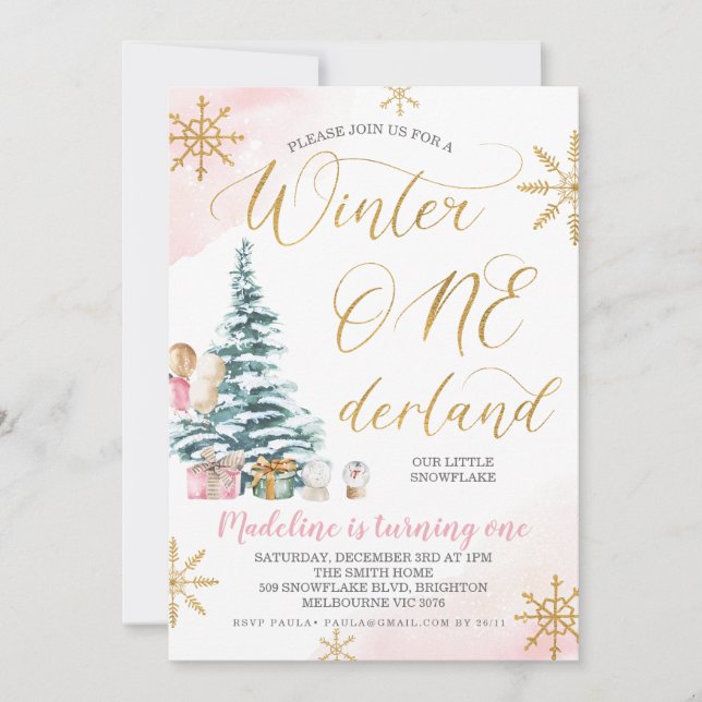 Pink Christmas Tree Winter Onederland Birthday Invitation (Front)