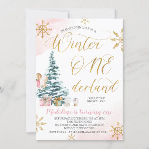 Pink Christmas Tree Winter Onederland Birthday Invitation