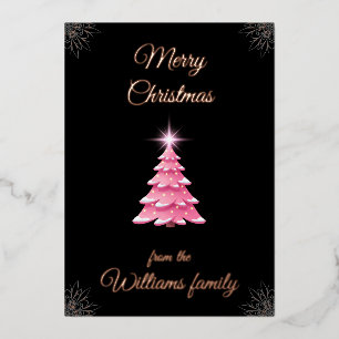 Pink Christmas Tree with Family Name Foil Holiday Card