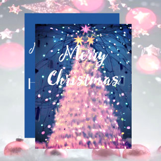 Pink Christmas Tree with Sparkling lights Holiday Card
