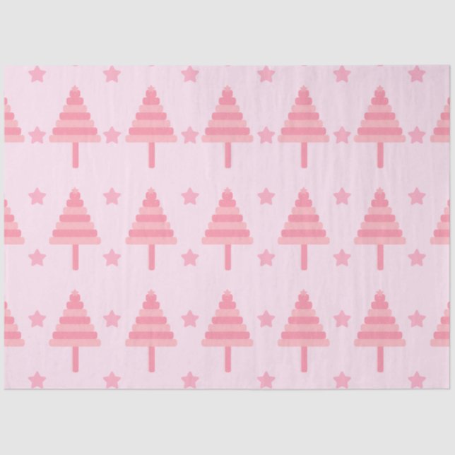 Pink Christmas Trees and Stars Christmas Tissue Paper (Front)