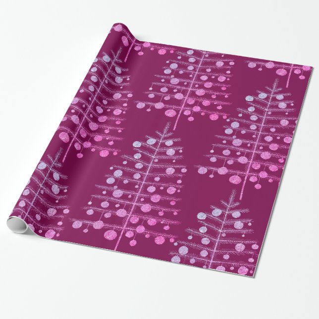 Pink Christmas Trees Laden Ornaments French Plum Wrapping Paper (Unrolled)