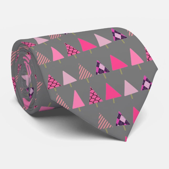 Pink Christmas Trees on Gray X-Mas Party Tie (Rolled)
