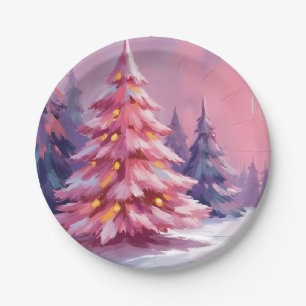 Pink Christmas Trees Pastel Winter Watercolor Paper Plate