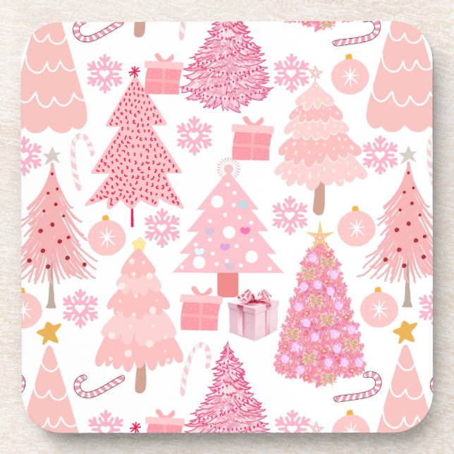 Pink Christmas Trees Pattern Coaster (Front)