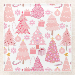 Pink Christmas Trees Pattern Glass Coaster