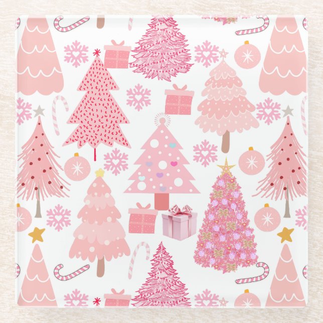 Pink Christmas Trees Pattern Glass Coaster (Front)