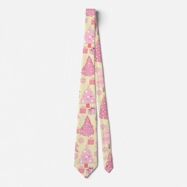 Pink Christmas Trees Pattern L Yellow BG Tie (Front)