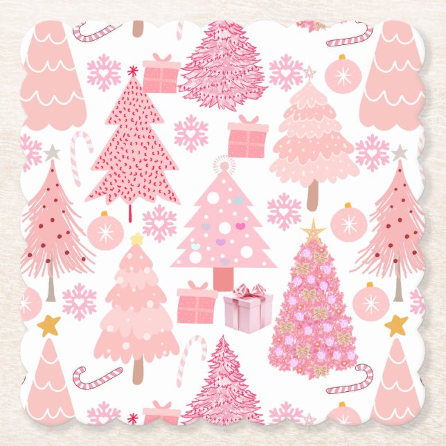 Pink Christmas Trees Pattern Paper Coaster (Front)