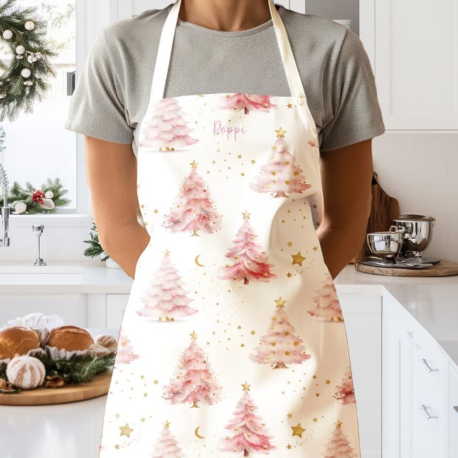 Pink Christmas Trees Personalised  Apron (Pink Christmas tree personalised holiday apron)