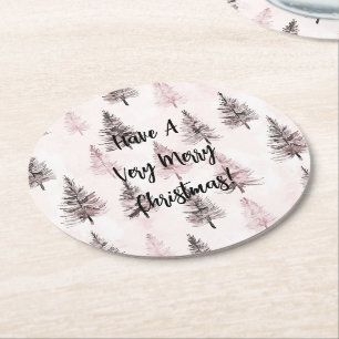 Pink Christmas Trees Round Paper Coaster