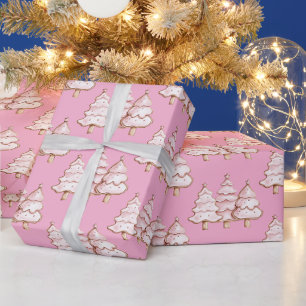 Pink Christmas Trees with Gold Stars Wrapping Paper