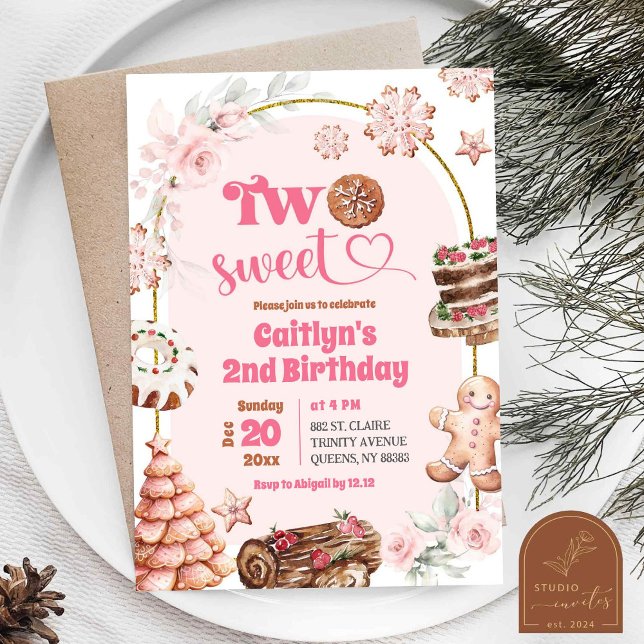 Pink Christmas Two Sweet Winter 2nd Birthday Invitation (Creator Uploaded)
